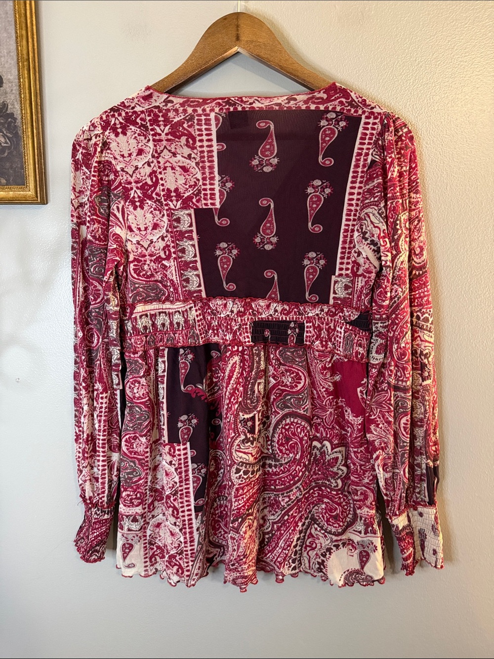 BCBGMAXAZRIA Paisley Boho Smocked Waist Long Sleeve Blouse M - Picture 7 of 8